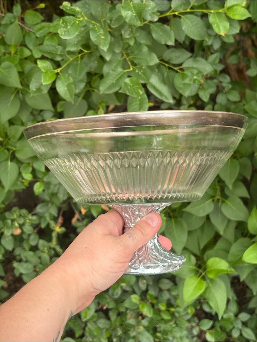 Vintage Pedestal Glass Fruit Bowl with Silver-Plated Rim and Feathered Base